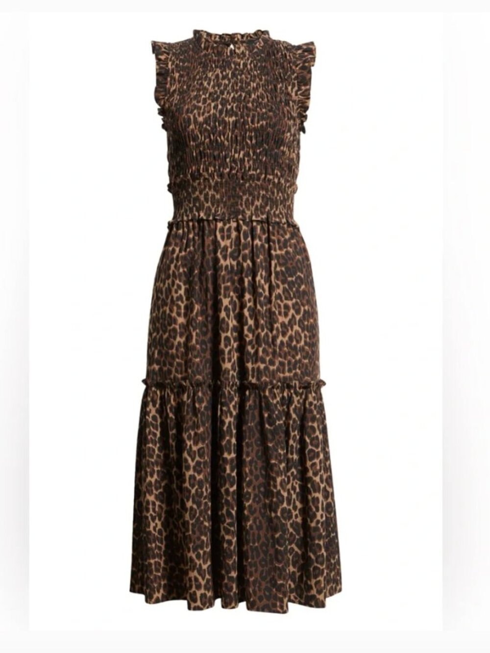 RAILS Vivier sleeveless Leopard Print Smocked Midi Dress Ruffle Trim Tiered M